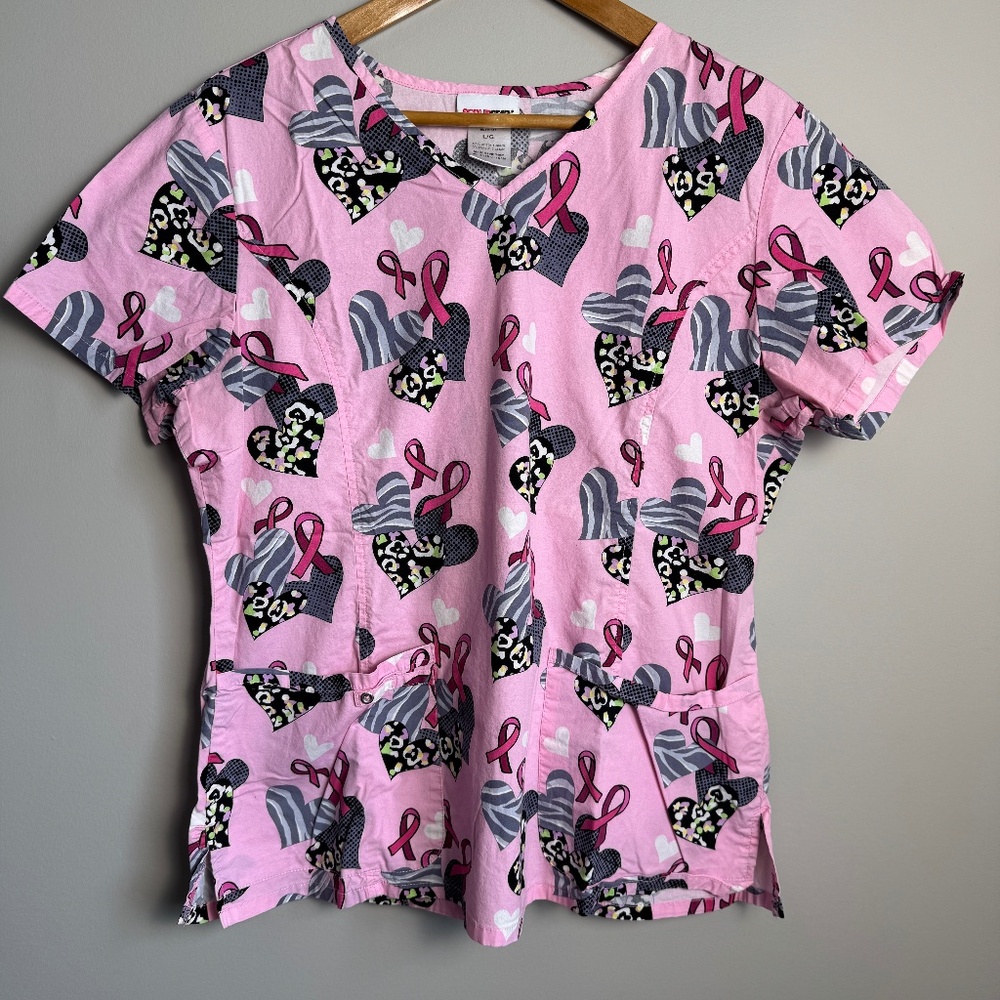 Scrubstar Women's‎ Short Sleeve V-Neck Scrub Top Pink Ribbon and Hearts Large